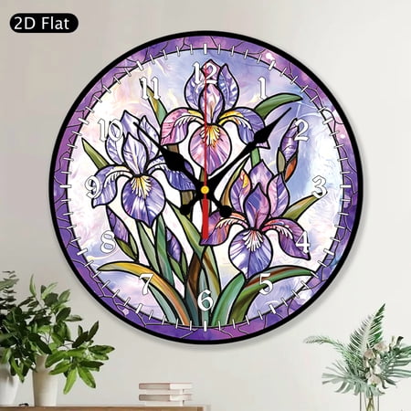 Iris Round Wall Clock, Stained Glass Style Purple Irises MDF Wood Decor, February Birth Month Flower Lovers Gift