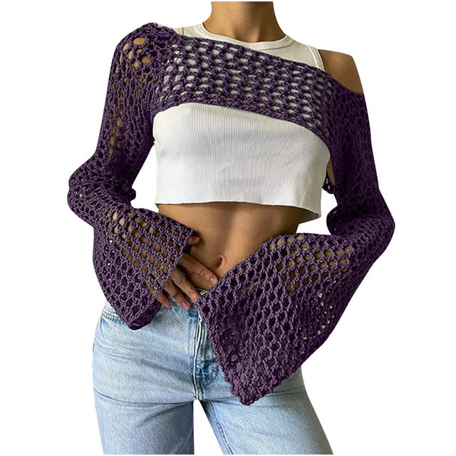 ICHUANYI Clearance Women's Hollowed Out Knit Shirt Solid Round Neck Long Sleeved Knitted Tops(Purple, L) ICHUANYI WER2023081117474