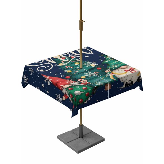 Outdoor Tablecloth with Umbrella Hole and Zipper, Christmas Trees Winter Square Table Cloth 60x60 Inch Waterproof Tablecloth, Xmas Green Gnomes Snowflake Picnic Table Cover for Patio Camping