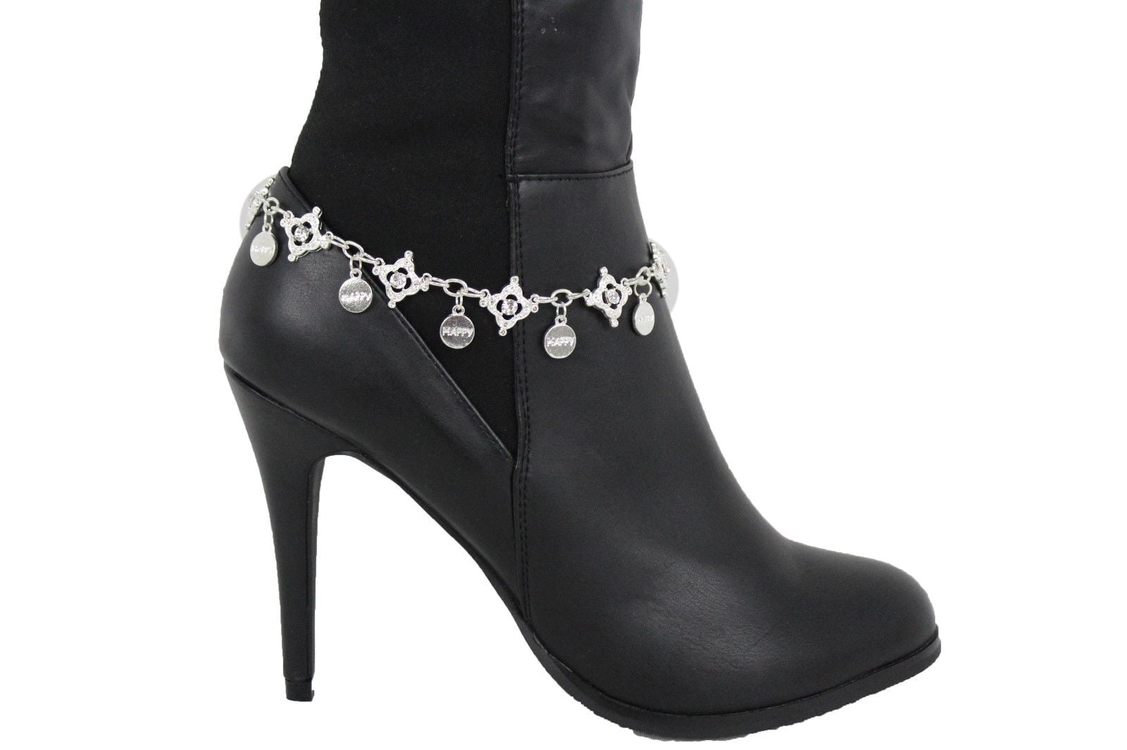 Women Silver Metal Boot Chain Bracelet Bling Anklet Happy Shoe Fun Charm