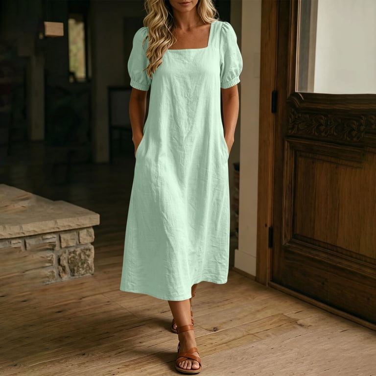 Sevevn Women's Square Neck Puff Sleeve Midi Dress Linen-Look Casual Dress with Pockets Navy M