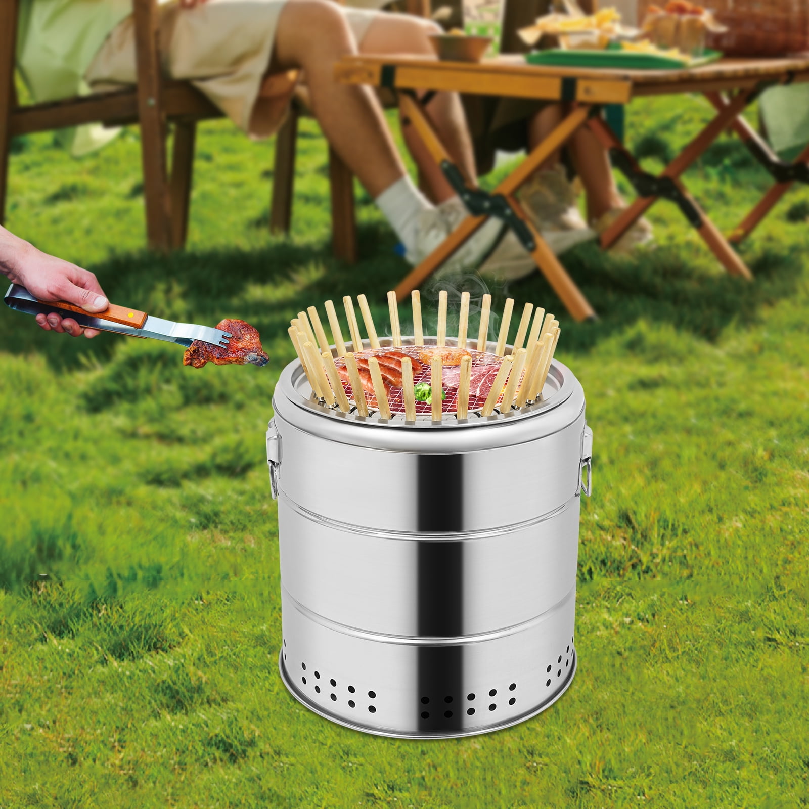 Modern Silver Stainless Steel Surround Charcoal Kebab Grill with 30 Skewers and BBQ Grill Cooking Grate