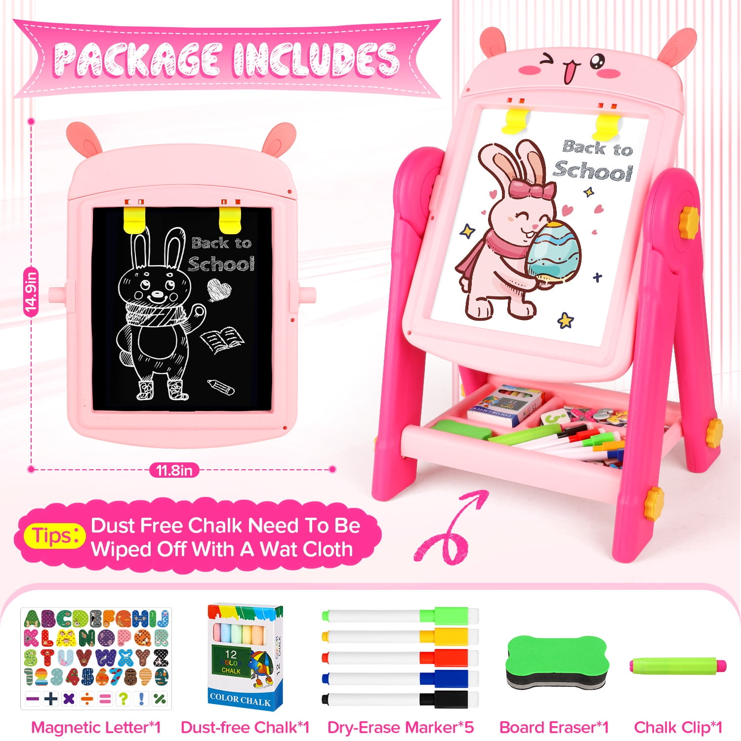 HopeRock Easel for Kids, Pink Rabbit Toddler Easel, Double-Sided Magnetic Whiteboard & Chalkboard, Toddler Art Set Educational Drawing Easel Gift for 2-6 Year Old Girls.