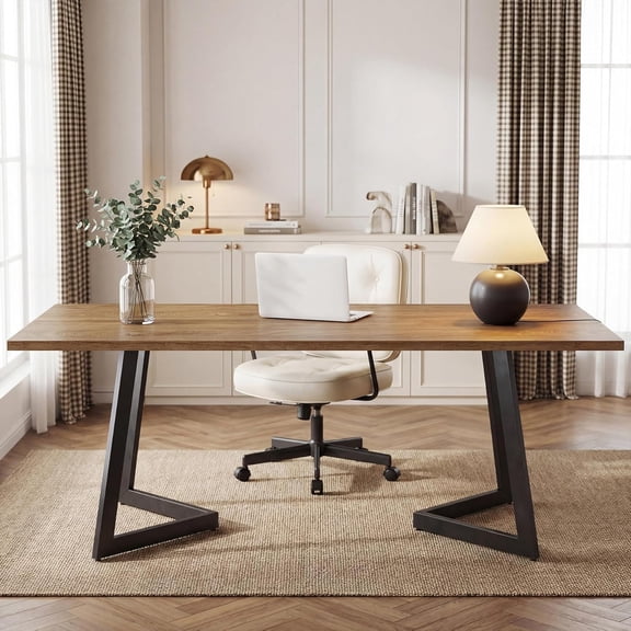 Finmind 62.2" Industrial Executive Desk, Modern Home Office Computer Desk with Metal V-Shaped Legs, Brown & Black