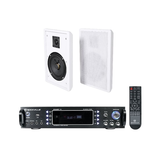 Rockville RPA60BT V2 Bundle: 1000W Bluetooth Karaoke Amplifier Mixer, RockSlim 5.25 inch White Wall Mount Speakers, 2-items