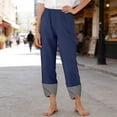 thumbnail image 4 of Miluxas Women's Gingham Trim Wide Leg Pants Elastic High Waist Loose Fit Casual Cropped Pants with Pockets Summer Work Casual Trousers Navy, 4 of 7