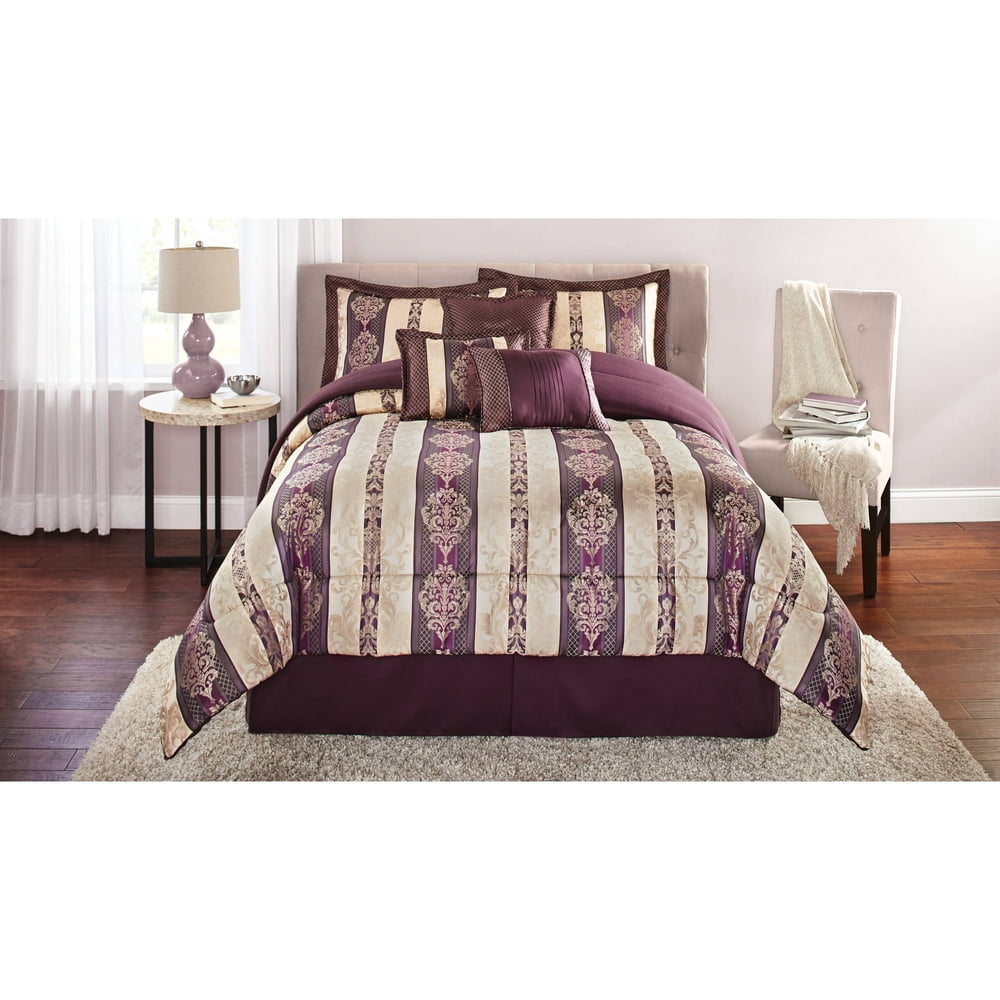Mainstays Full Adelaide Damask Embroidered Plum Comforter Set, 7 Piece