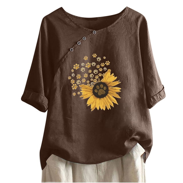 Blouses pour Femmes, T-shirt Décontracté en Coton et Lin Imprimé à Manches Courtes et Col Rond avec Boutons