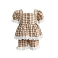 thumbnail image 3 of Toddler Girl Outfits 2 Piece Lace Plaid Print Short Sleeve Crew Neck Pocket T-Shirt And Shorts Outdoor Wear Baby Girls' Clothing Sets 6 Months-12 Months, 3 of 9