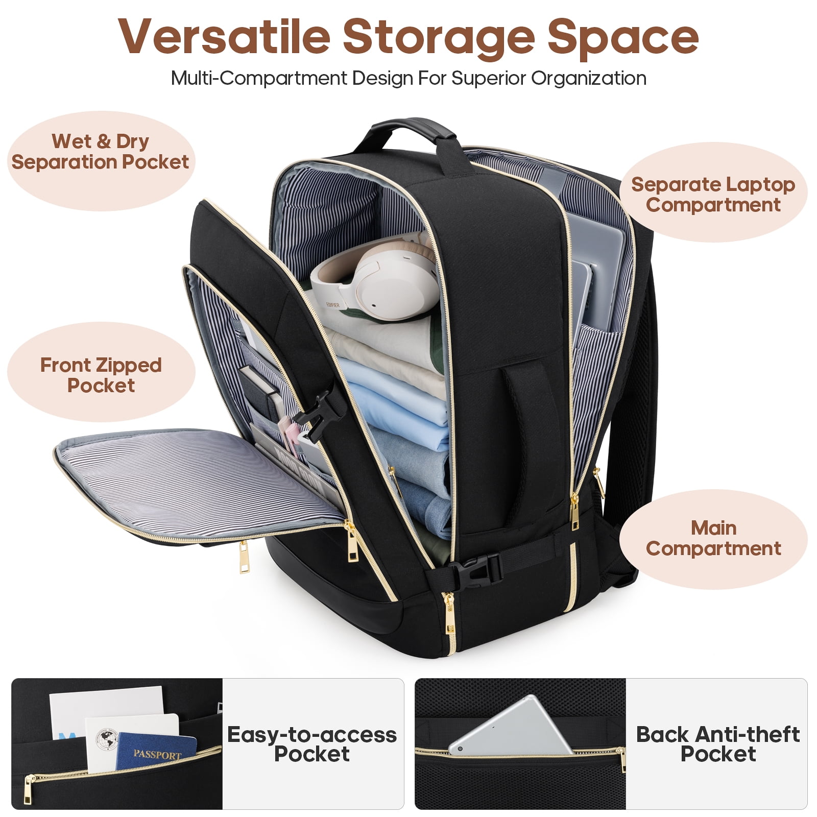 UKEIN Travel Backpack for Women Carry on Backpack Flight Approved 40L Personal Item Backpack Water Proof Backpack with Packing Cubes and Shoe Pocket
