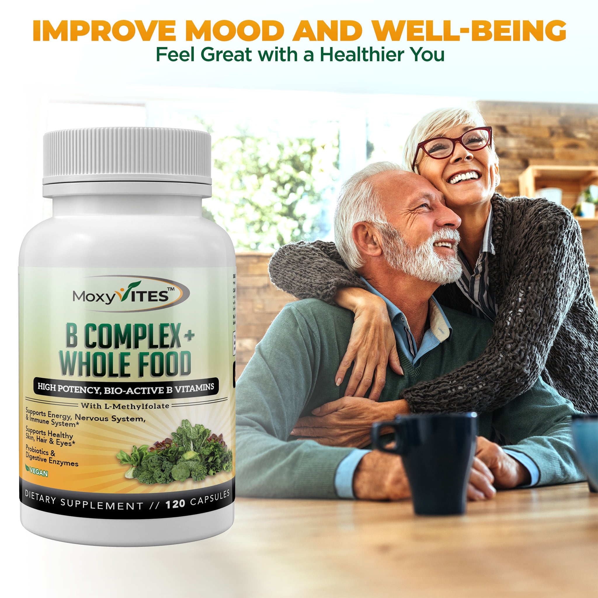 MoxyVites Methylated B-Complex with Methyl B12, P-5-P B6 and L-Methylfolate, Energy and Heart Support, Vegan, Gluten-Free, 120 Count