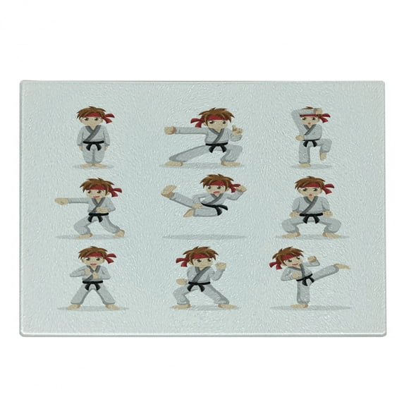 Karate Cutting Board, Martial Arts Performer Boy Cartoon in Various Fight Poses, Decorative Tempered Glass Cutting and Serving Board, in 3 Sizes, by Ambesonne