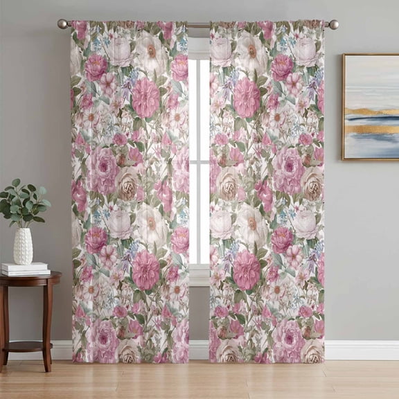Sheer Curtains 63 Inch Length 2 Panels Set for Bedroom, Light Pink Spring Floral Semi Sheer Curtains for Windows, Vintage Summer Botanical Voile Window Treatments Rod Pocket Curtain