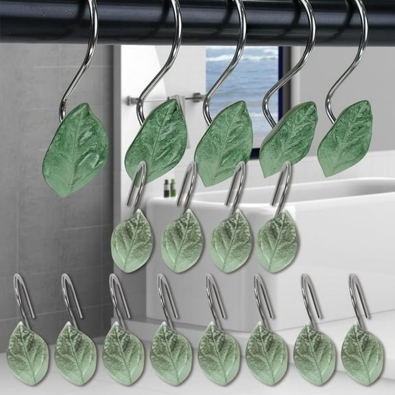 12pcs Leaves Shower Curtain Hooks, Decorative Shower Curtain Rings, Green Plant Leaf Shower Hooks Rustproof Stainless Steel, Bathrom Decor (Leaves)