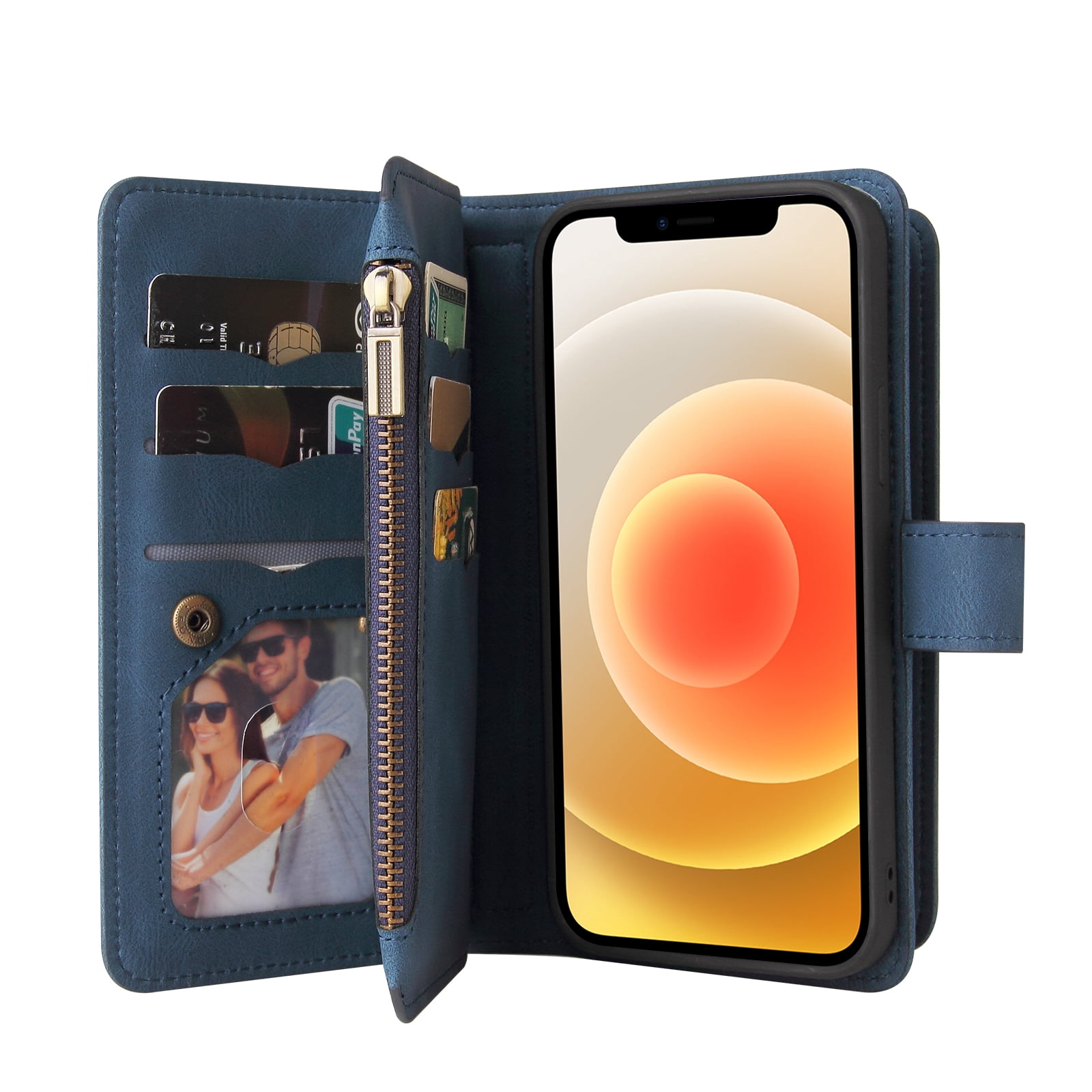 Wallet Case for iPhone 12 / 12 Pro, Magnetic Zipper Pouch Premium PU Leather with Kickstand Wallet Flip Shockproof Phone Case Wrist Strap Card Slots Holder Pocket iPhone 12 / 12 Pro,
Blue