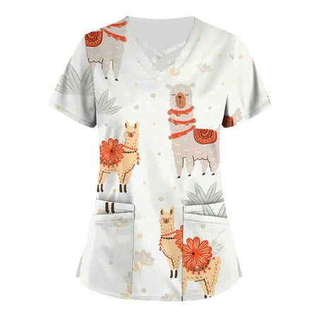

ZXHACSJ Plus Size Cute Printed Scrub Working Uniform Tops For Women Cross V-Neck Short Sleeve Fun T-Shirts Workwear Tee With Pockets Khaki XXL