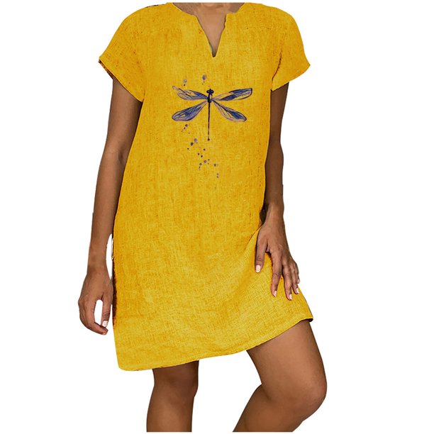 Vestido de cáñamo de bambú con estampado de cobertura suelta y cuello en V retro vintage de manga corta para mujer Fridja qw6035