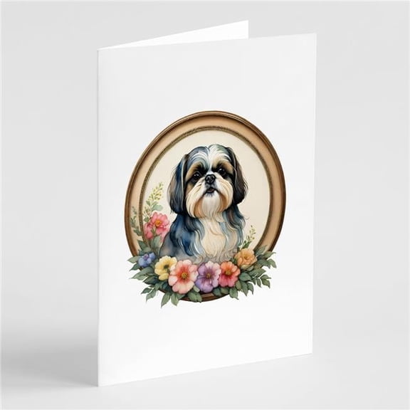 Shih Tzu and Flowers Greeting Cards and Envelopes Pack of 8 7 in x 5 in