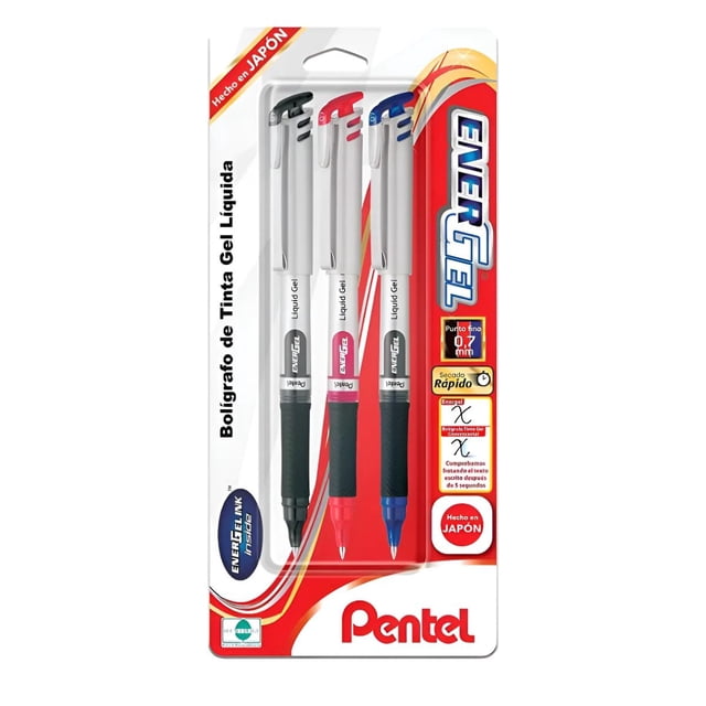 3 Boligrafos Pentel Energel Tinta Roja, Azul y Negra Gel Líquida 0.7 Mm