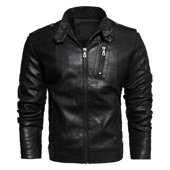 Fgnfyis Leather Jacket Men Autumn Winter Pu Leather Stand Collar Plus Velvet Thickened Motorcycle Trend Coat Winter Jackets for Men Black XL