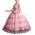 thumbnail image 2 of Girls Maxi Gown Lace Long Sleeve Cinched Bow Belted A-Line Dress Tween Elegant Fluffy Mesh Tiered Layered Evening Dresses Pink 01 14-15 Years, 2 of 7