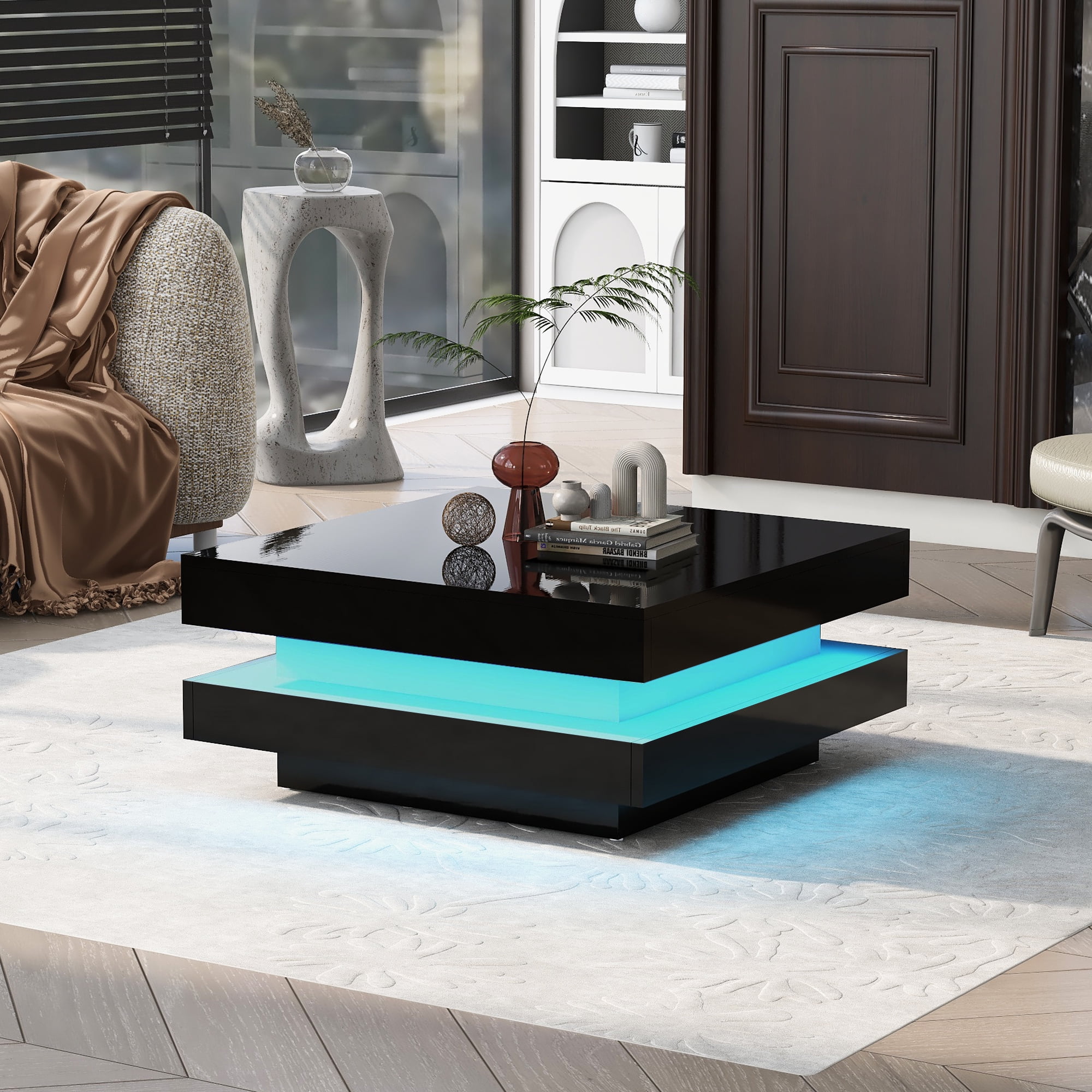 MAYEERTY High Gloss Minimalist Square Coffee Table with LED Lights, 2-Tier Center Table for Living Room, 31.5''x31.5''x14.2'', Black
