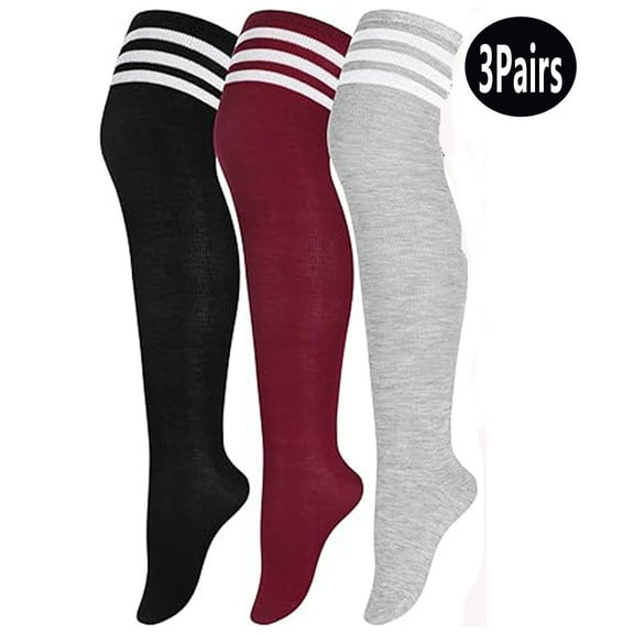 3 Pairs Plus Size Over Knee Socks Women Warm Thigh High Stockings for Daily Use, L-XXL(Wine Red, Light Grey,Black)