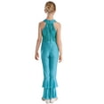 thumbnail image 2 of TSSOE Girls Shiny Metallic Gymnastics Leotard Bell-Bottom Full Body Tank Unitard Jumpsuit Ballet Jazz Dance Costume Blue 12, 2 of 7