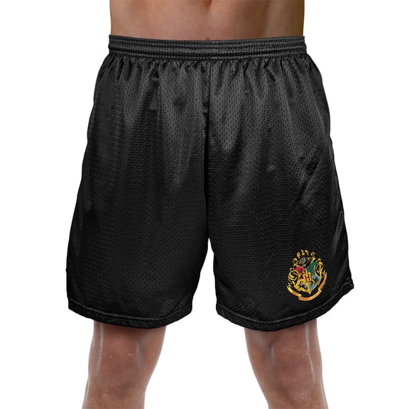 Harry Potter Hogwarts School Crest Mens Lined Mesh Shorts, Black, Large