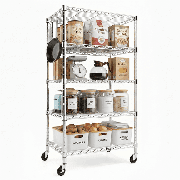 PrimeZone 5-Tier Wire Storage Shelves with Wheels, Adjustable Metal Shelf Rack Unit Organizer, Heavy Duty Wire Shelf for Garage Warehouse Office Restaurant Kitchen, 24.2"W x 18"D x 75"H, Chrome
