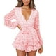 thumbnail image 4 of Monos de Playa Con Estampado Floral Para Mujer, Monos Florales Con Dobladillo Con Volantes Y Nudo de Manga Larga Con Escote En V Profundo Odeerbi ODB-6, 4 of 9