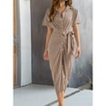 thumbnail image 2 of Yesfashion Women's Collar V Neck Button Front Tie Waist Short Sleeve Ruffle Hem Midi Dress, 2 of 5