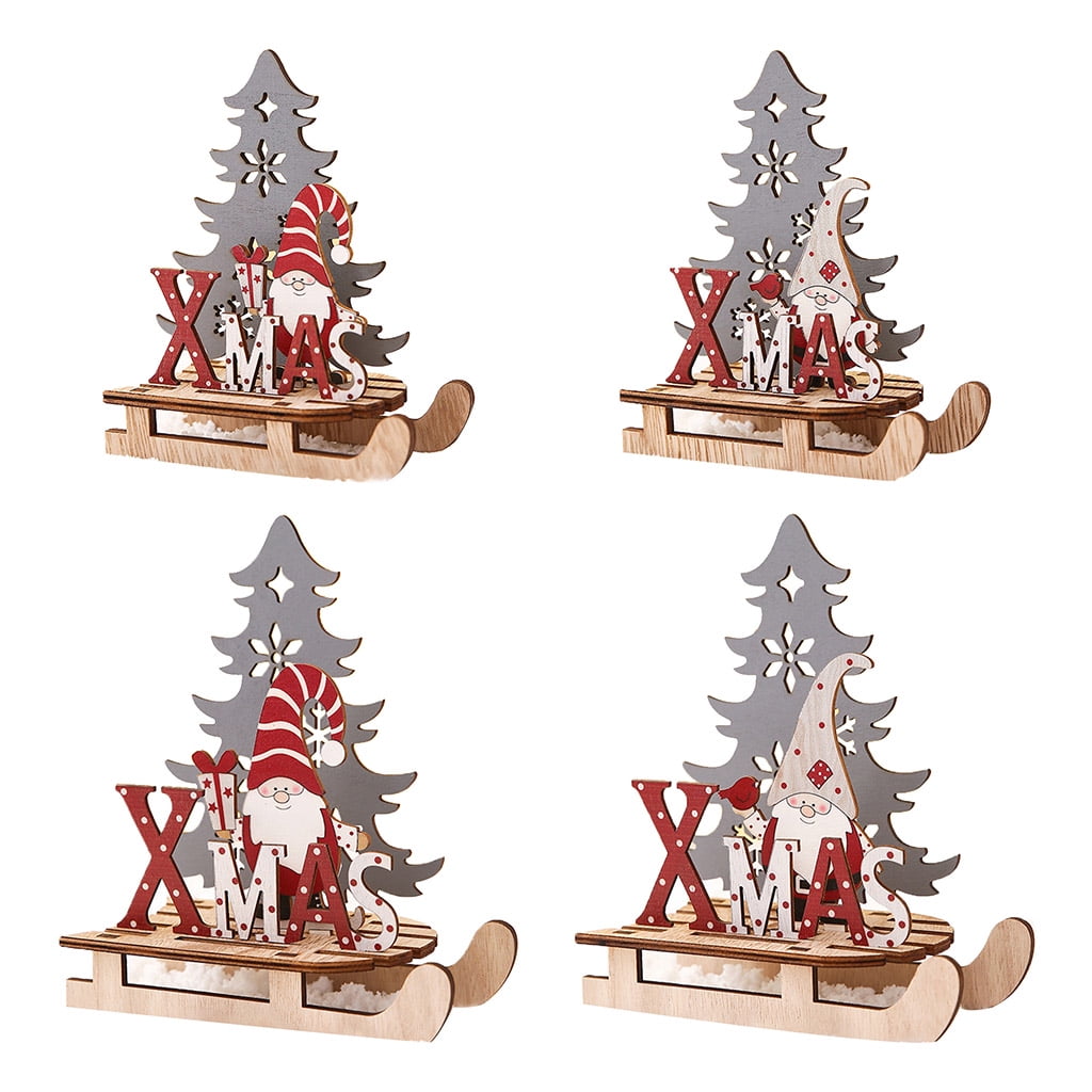 Christmas Santa Xmas Sled Ornaments Painted Sleigh Decorations DIY Wooden Jigsaw 