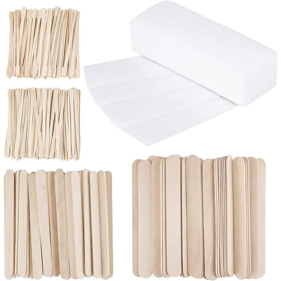400Pcs Wax Strips Sticks Kit, STONCEL 300 Small Medium Large Wooden Wax Applicator Sticks Eyebrow Wax Spatulas and 100 Non-Woven Paper Wax Strip for Face Body Hair Removal Women Men