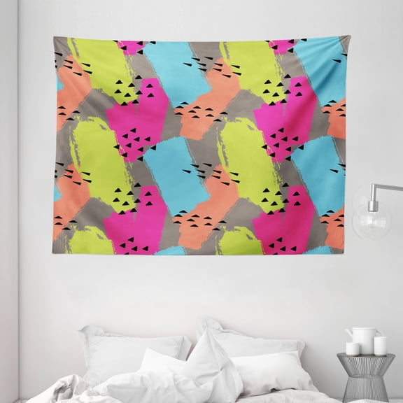 Modern Decor Tapestry, Vector Abstract Design Colorful Brush Strokes with Geometric Triangles Image, Wall Hanging for Bedroom Living Room Dorm Decor, 80W X 60L Inches, Multicolor, by Ambesonne