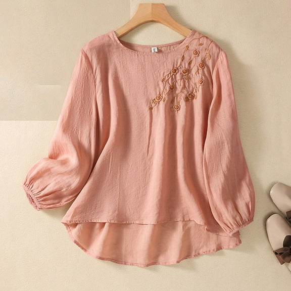 TYGHBN Spring/ Women's Embroidered Round Neck Long Sleeve T Shirt Vintage Bohemian Loose Fit Floral Applique Top plus Long Sleeve Womens Short Sleeve Athletic Tops Exercise Wear for Women Summer