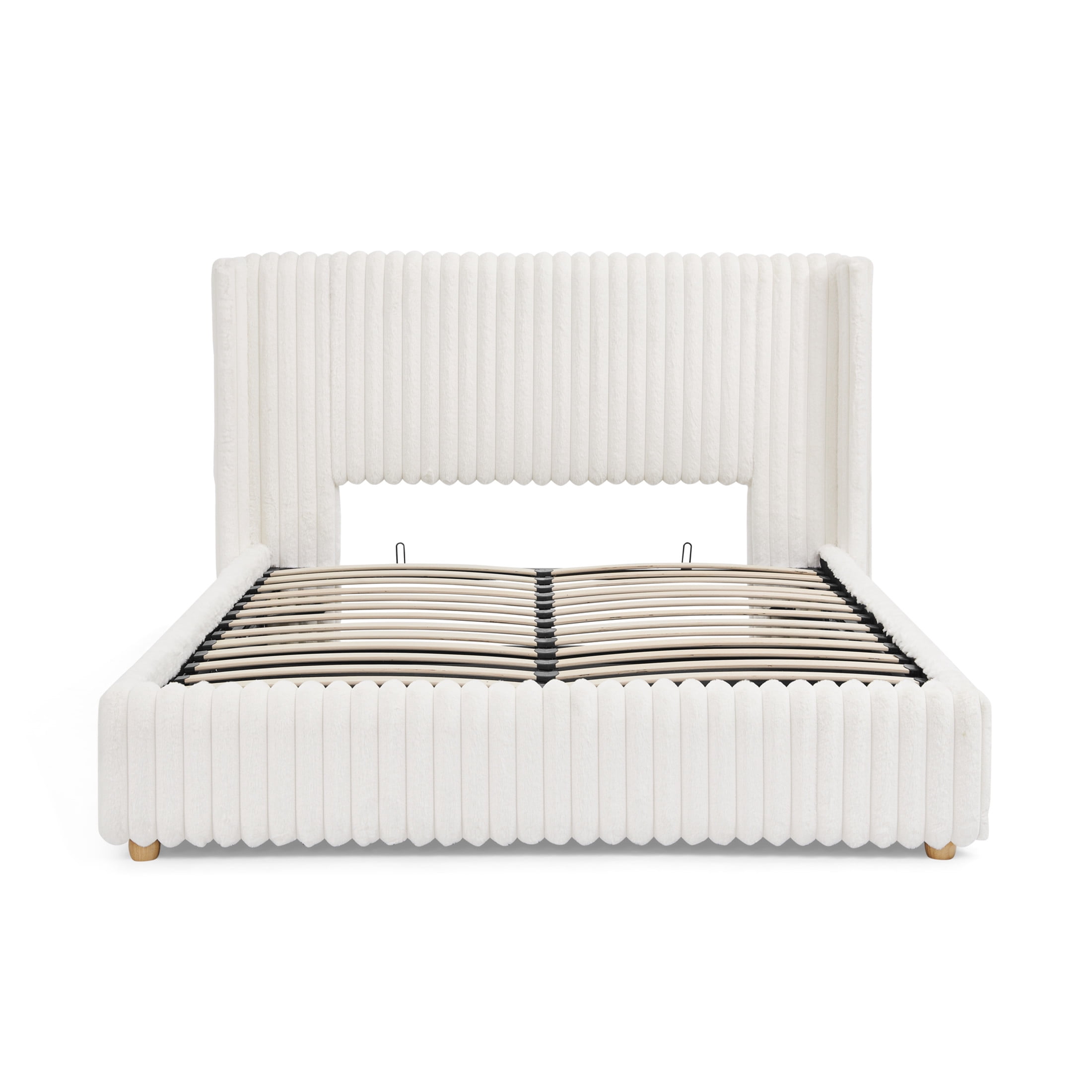Noble House Renton Queen Size Platform Bed, Fluffy Faux Rabbit Fur Fabric Bed with Under-Bed Storage System, Beige