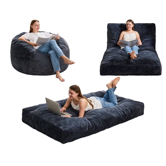 Hobestluk Bean Bag Chair Convertible Beanbag Chairs for Adults, 3 in 1 Bean Bag with Plush Faux Fur Cover, Adult Bean Bag Chair for Living Room, Bedroom (Grey, Twin)
