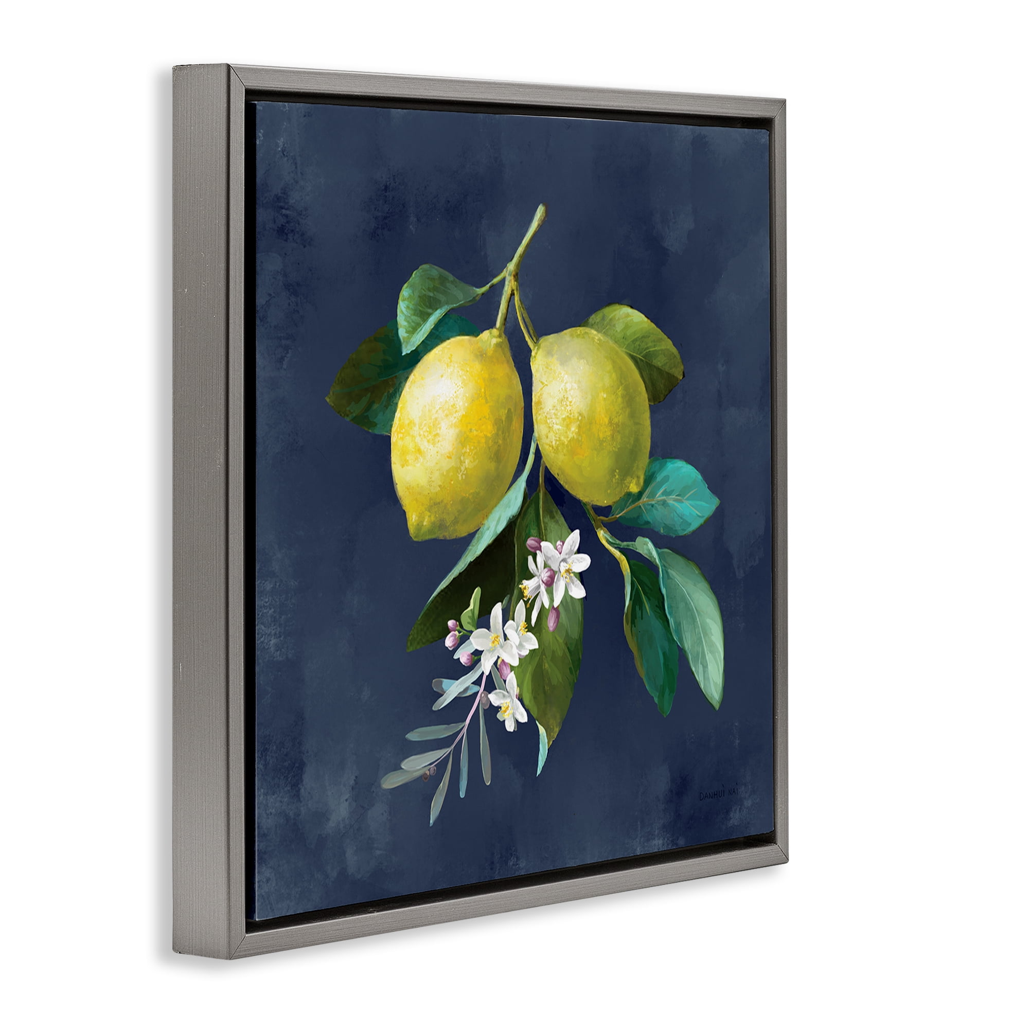 Stupell Industries Lemon Branches on Blue Food & Beverage Painting Gray Floater Framed Canvas Art Print Wall Art, 18 x 18