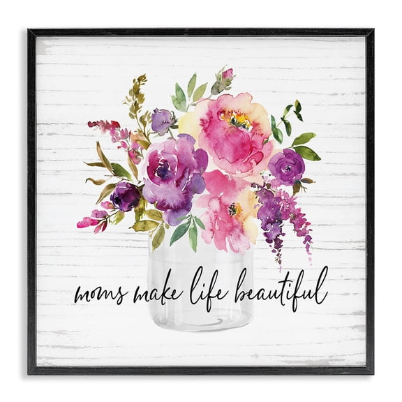 Stupell Industries Farmhouse Mom's Make Life Beautiful Watercolor Flower Bouquet Black Framed Giclee Art, 12 x 12, by Lettered and Lined