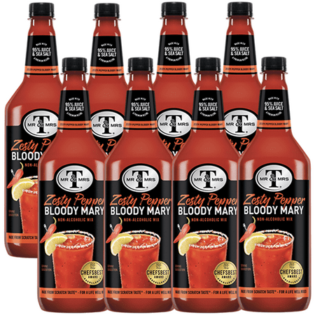 Mr & Mrs T Zesty Pepper Bloody Mary Mix, 1L Bottle, 8 Pack – Premium Cocktail Mixer for Spicy Bloody Marys, Ready to Use