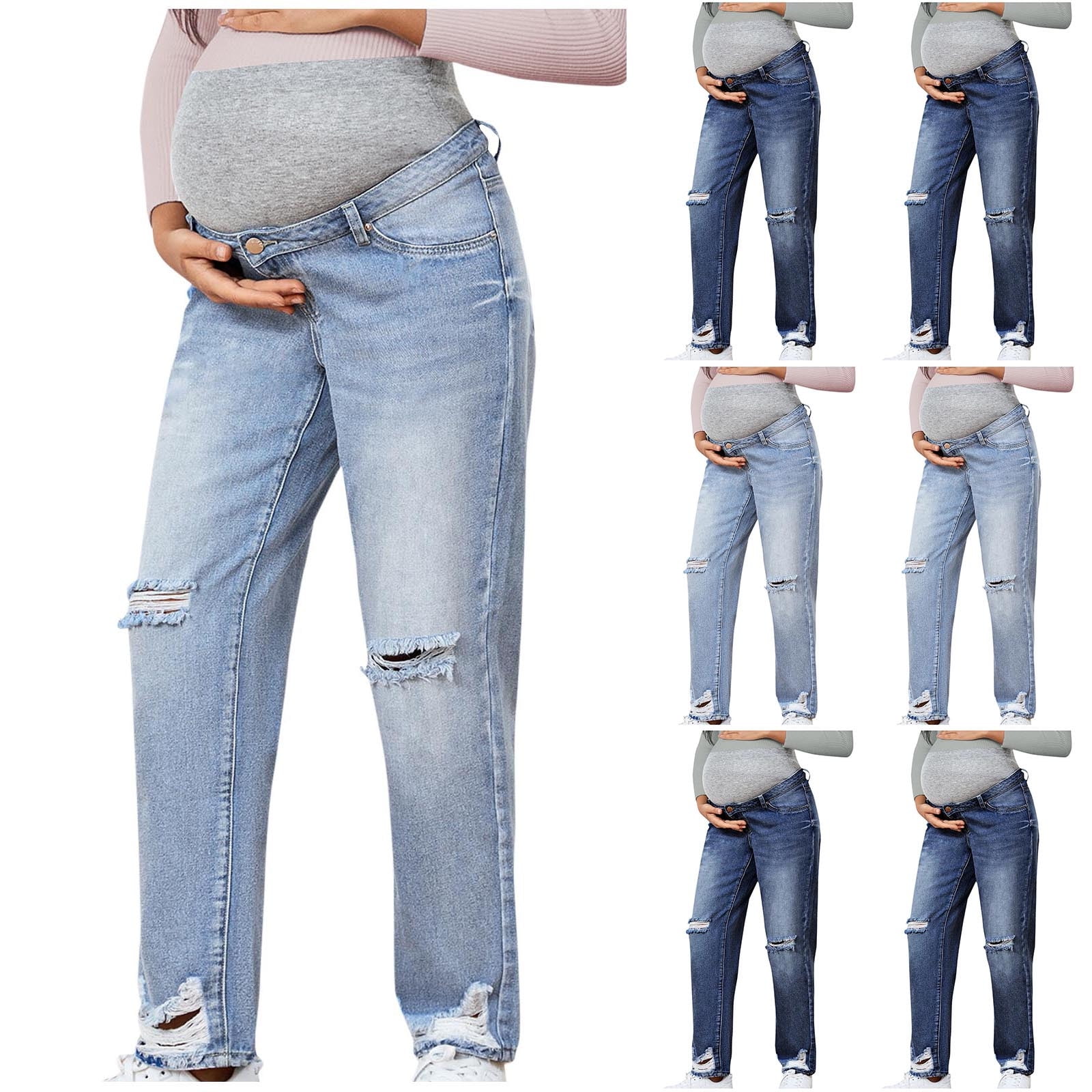 HBGVBA Women's Maternity Jean Pants Over Belly with Pockets Loose Straight Cutout Denim Pants Wide Fitted Support Breathable Summer Wear