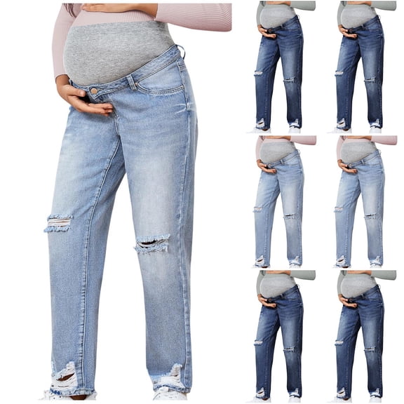 YUANxueke Womens Maternity Jeans Over the Belly High Waist Ripped Straight Leg Denim Pants Casual Pregnancy Pants