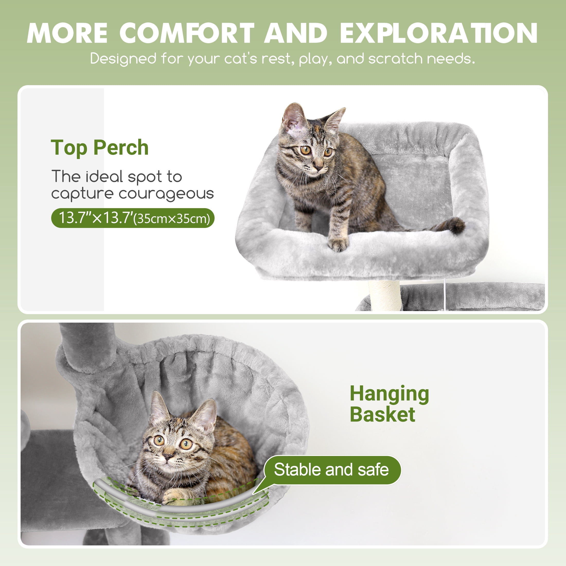 CT66F Extra Large Cat Tree | 65" Tall Indoor Cat Tower for Large Adults, Featuring 5 Scratching Posts, 2 Perches, Spacious Condo, and Hanging Basket in Light Grey