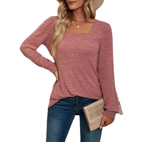 Deago Women's Tunic Tops Square Neck Loose Fit Long Puff Sleeve Shirts Casual Fall Sweatshirts (Pink, S)