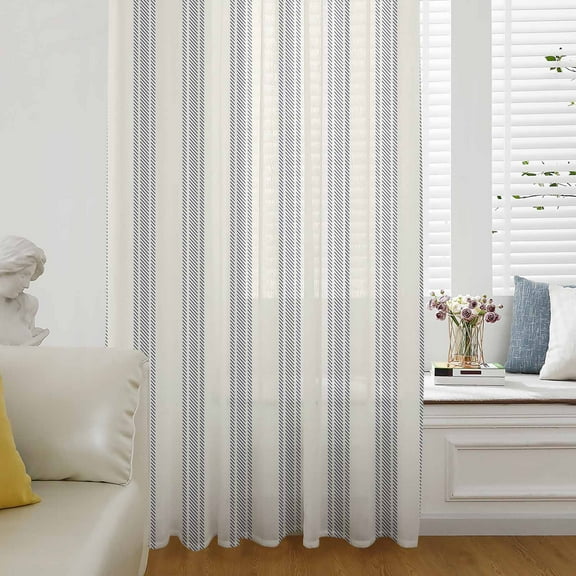 Blue Striped Semi Sheer Curtains Drapes for Living Room, Bedroom, French Doors Window 54 Inches Long, Modern Stripes Farmhouse Rod Pocket Chiffon Curtain Drapery Voile Draperies Panel