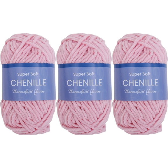3 Pack ThreadArt Chenille Yarn for Crocheting, Knitting, Amigurumi, Super Soft Plush Velvet Yarn - 50 Gram 60 yds #5 Fluffy Yarn Skeins - Light Pink
