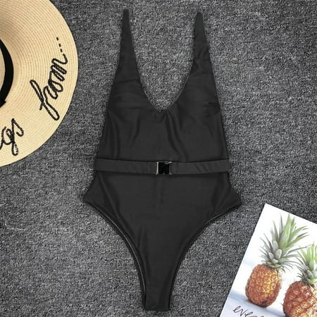 Clearance! Yajing Tankini Swimsuits for Women Women Fashion Pure Color Push-Up Padded Bra Beach Bikini One Piece Swimwear M Black