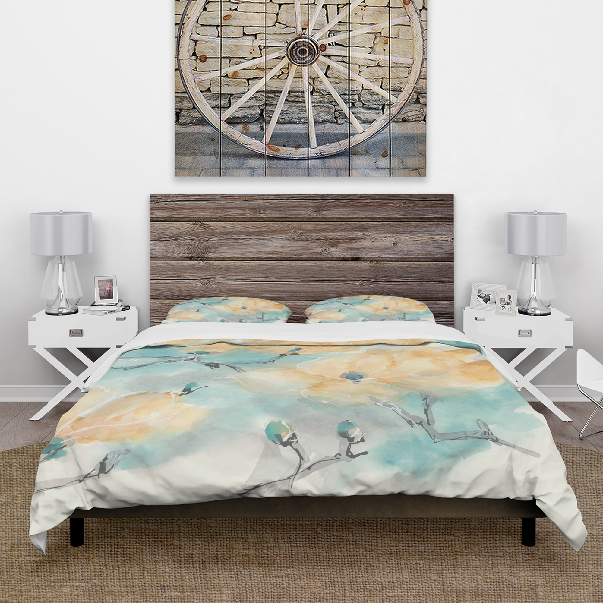 Designart 'Teal Buds I' Traditional Duvet Cover Set