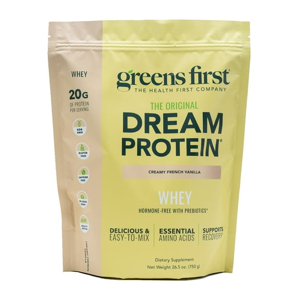 Greens First Dream Protein Powder Whey - 20g Protein Per Serving - Hormone-Free with Prebiotics - Non-GMO - No Artificial Sweeteners/MSG/Aspartame (Creamy French Vanilla, 26.5 oz)